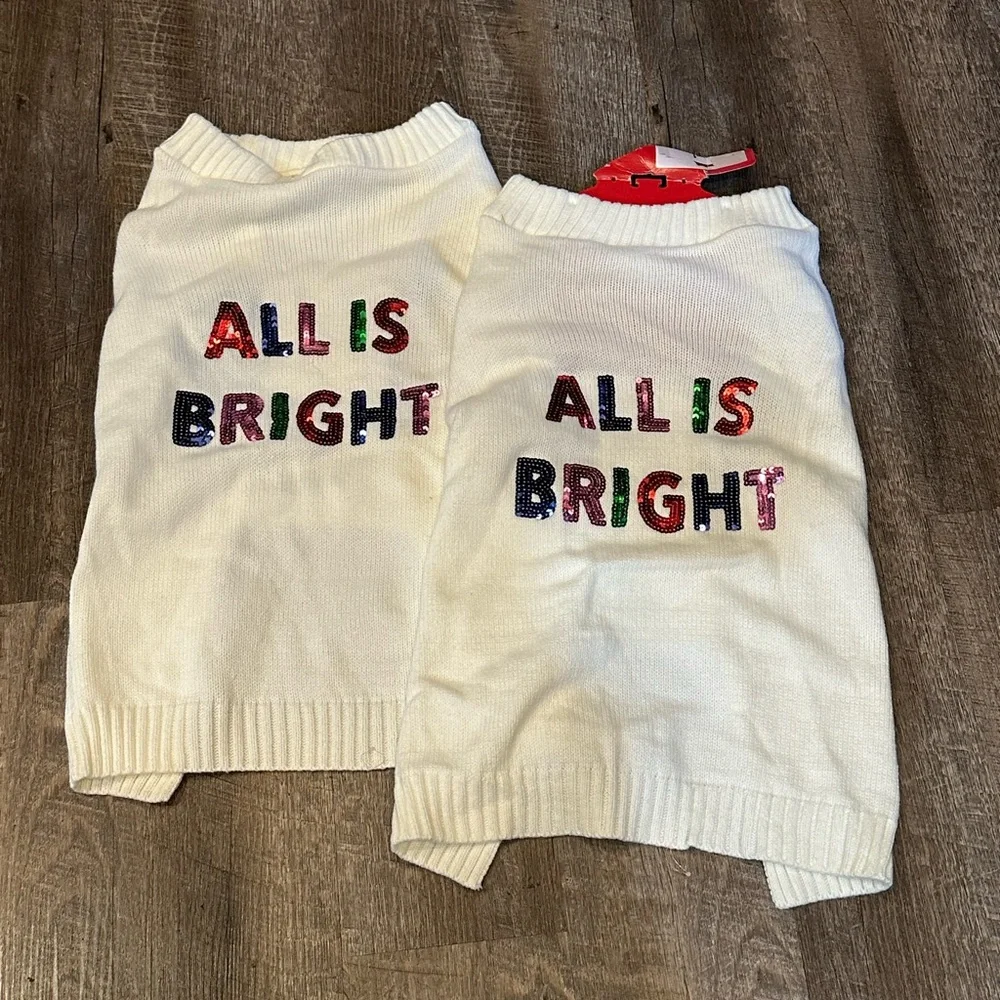 Dog Christmas sweater, All is bright cream color with bright sequins, size large